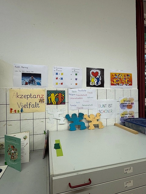 Wand mit Postern und Inspirationen zu Toleranz als Vorbereitung auf das Kunstprojekt